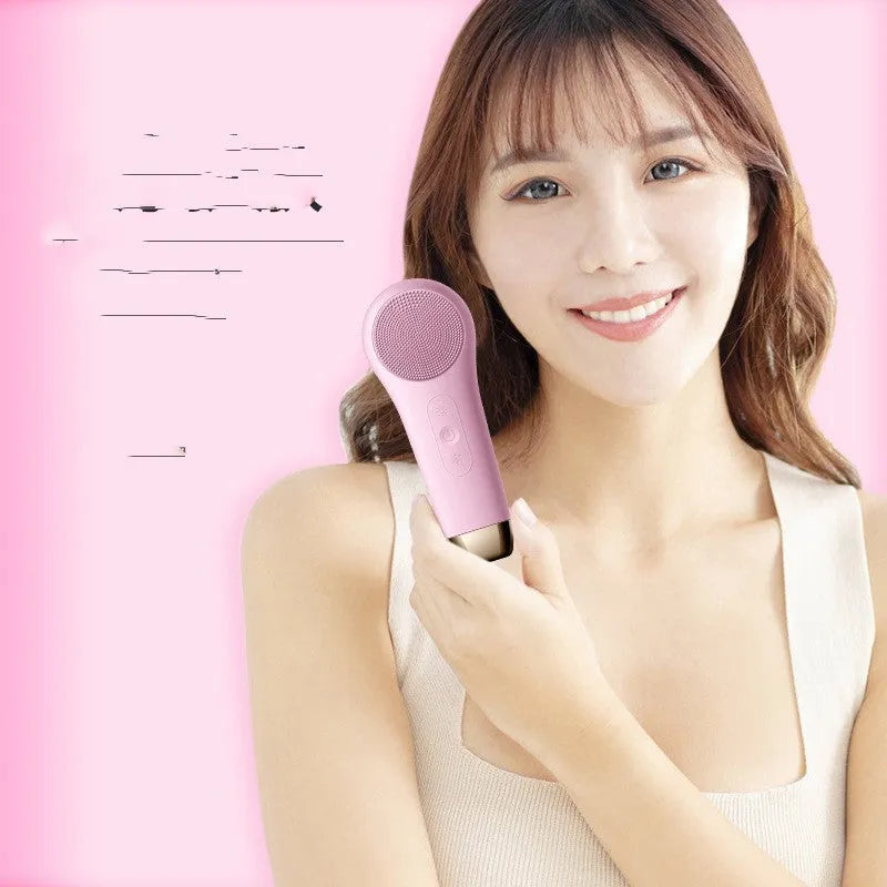 Silicone facial cleansing brush with ultrasonic vibration, 1500RPM cleaning, heat and ice modes, available in five colours.