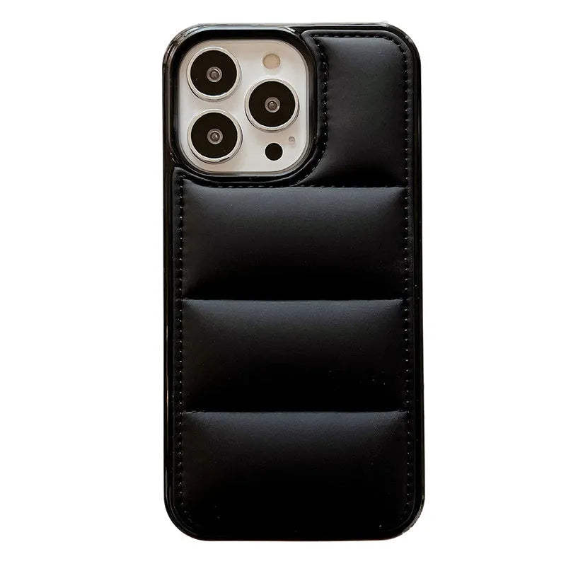 Candy Down Jacket shape phone case for iPhone in black, white, rose red, or green solid colours.