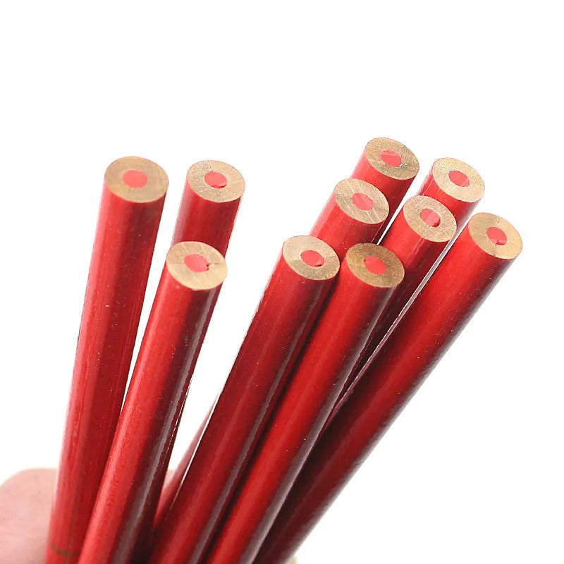 Ten red and blue two-tone round wooden carpenter's pencils for engineering and woodworking