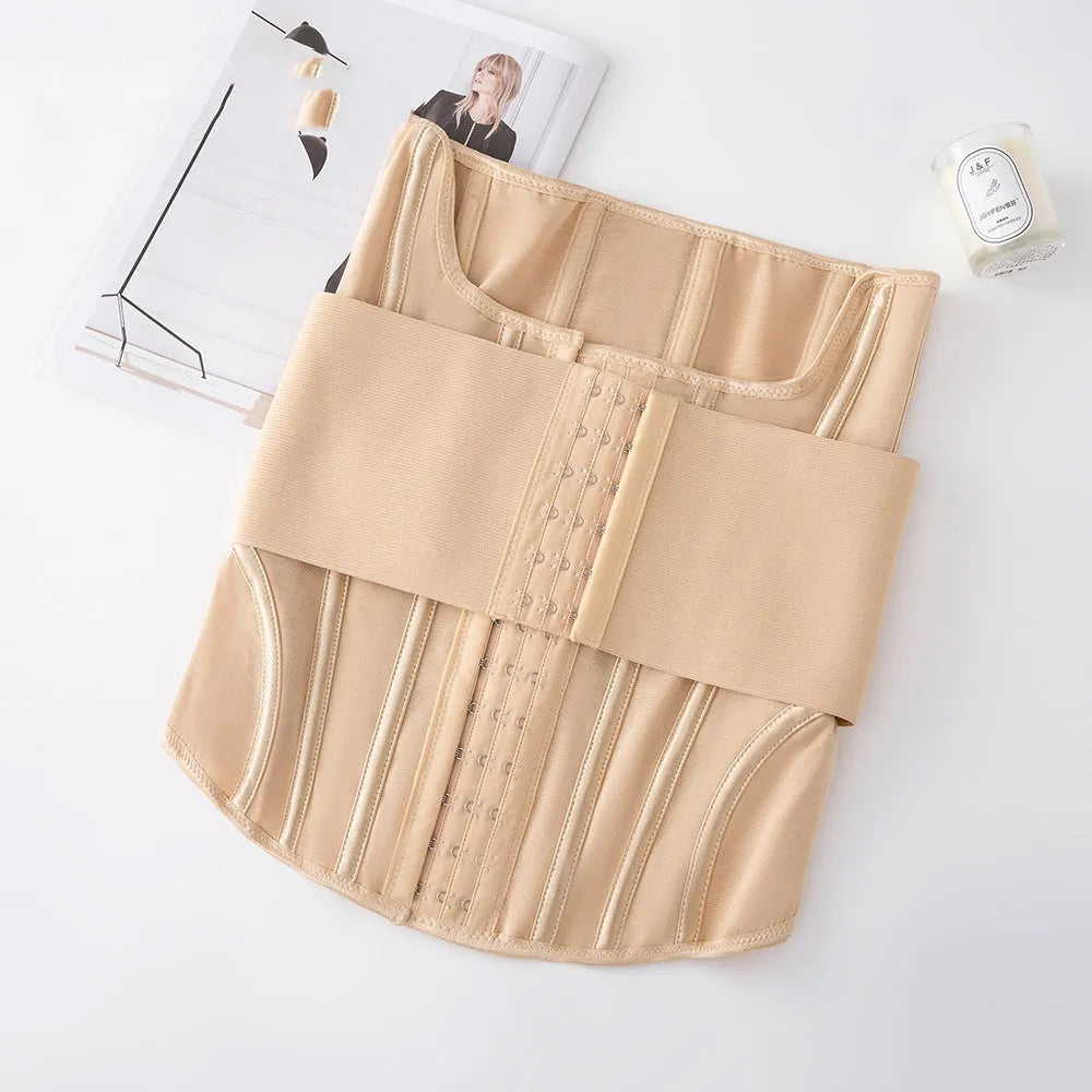 Black and apricot nylon belly band for waist training, shown with belt tie, sizes XXXS to 3XL.
