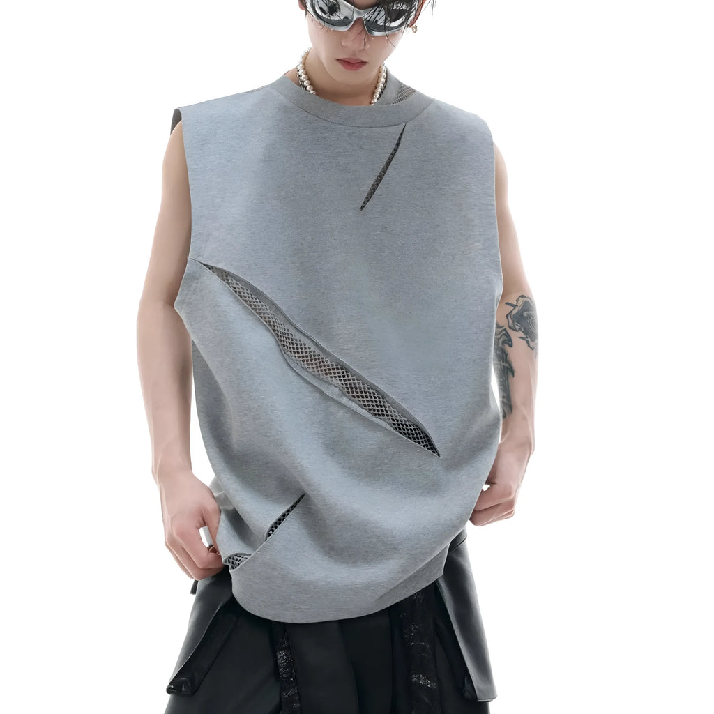 Slim fit sleeveless vest with metal decoration in black, 55% cotton polyester spandex blend, washed finish, L M XL sizes