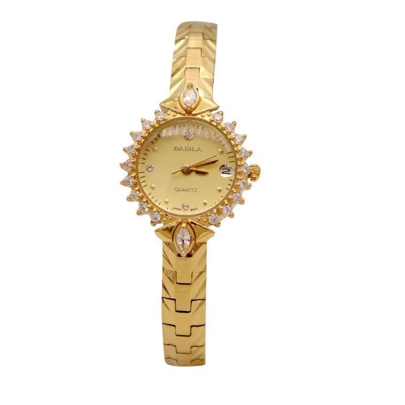 Gold quartz watch with embossed bracelet featuring 5A diamond detailing