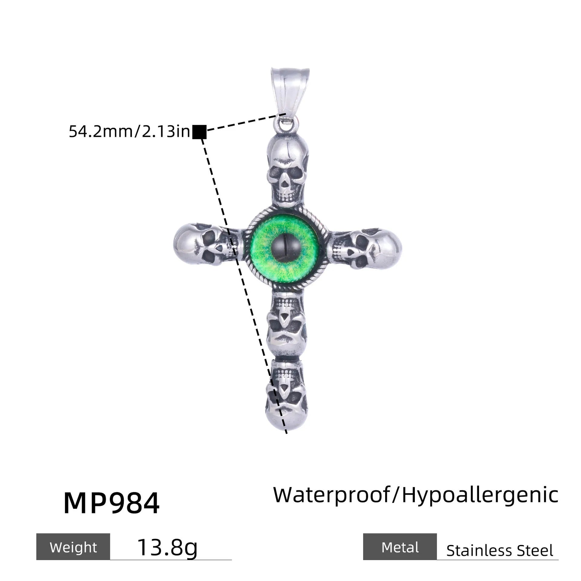 Stainless steel cross skull green eye pendant, geometric U-shaped men's pendant on dark background