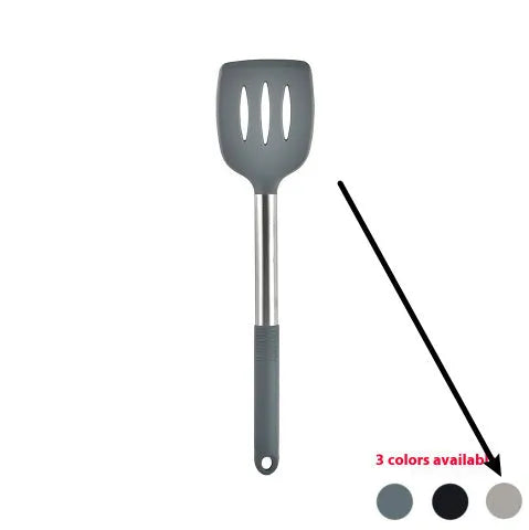 Silicone kitchen utensil set with twelve tools in a rotating white storage caddy on a counter.