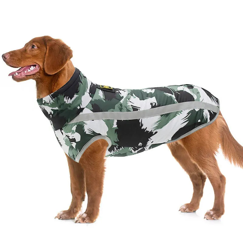 Geometric blue polyester dog coat for small to large dogs available in sizes S to 6XL.