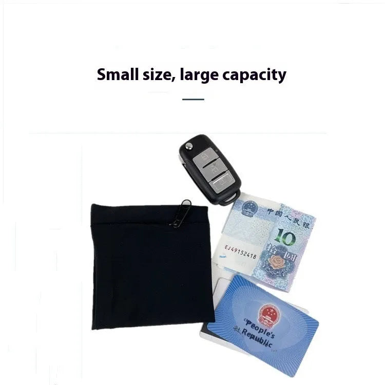 Compact black wrist bag armband sleeve for phone, shown with OPP packaging, dimensions 10cm by 10.5cm.