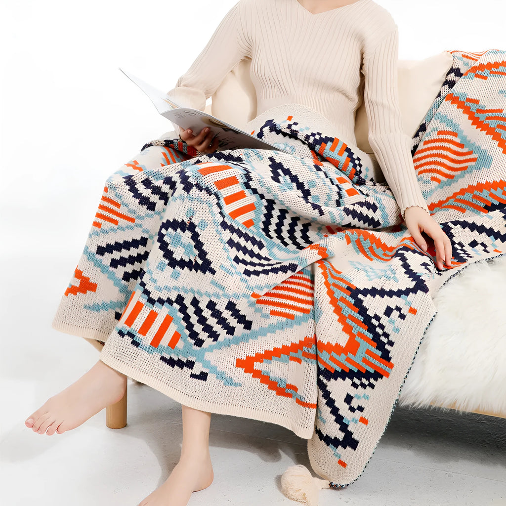 Bohemian acrylic sofa cover blanket with tassels in geometric pattern colours