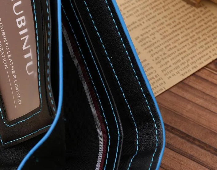 Mens black PU leather wallet with blue edge, open showing card slots and bill compartments