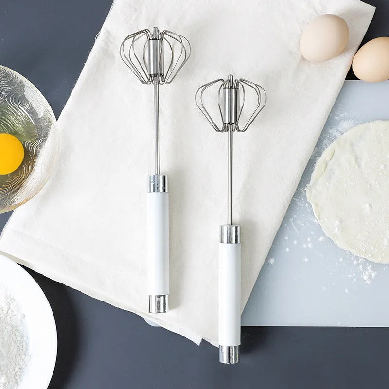Semi-automatic stainless steel egg beater whisk with hand pressure rotating handle, 10 steel wires, silvery colour