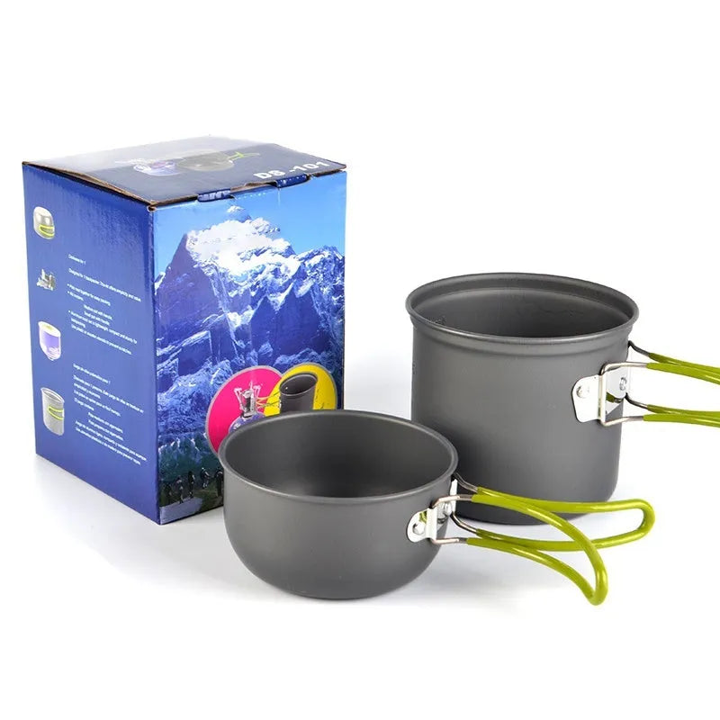 Green aluminium camping cookware set DS-101 with 1.2L pot and 0.62L cover on mesh bag
