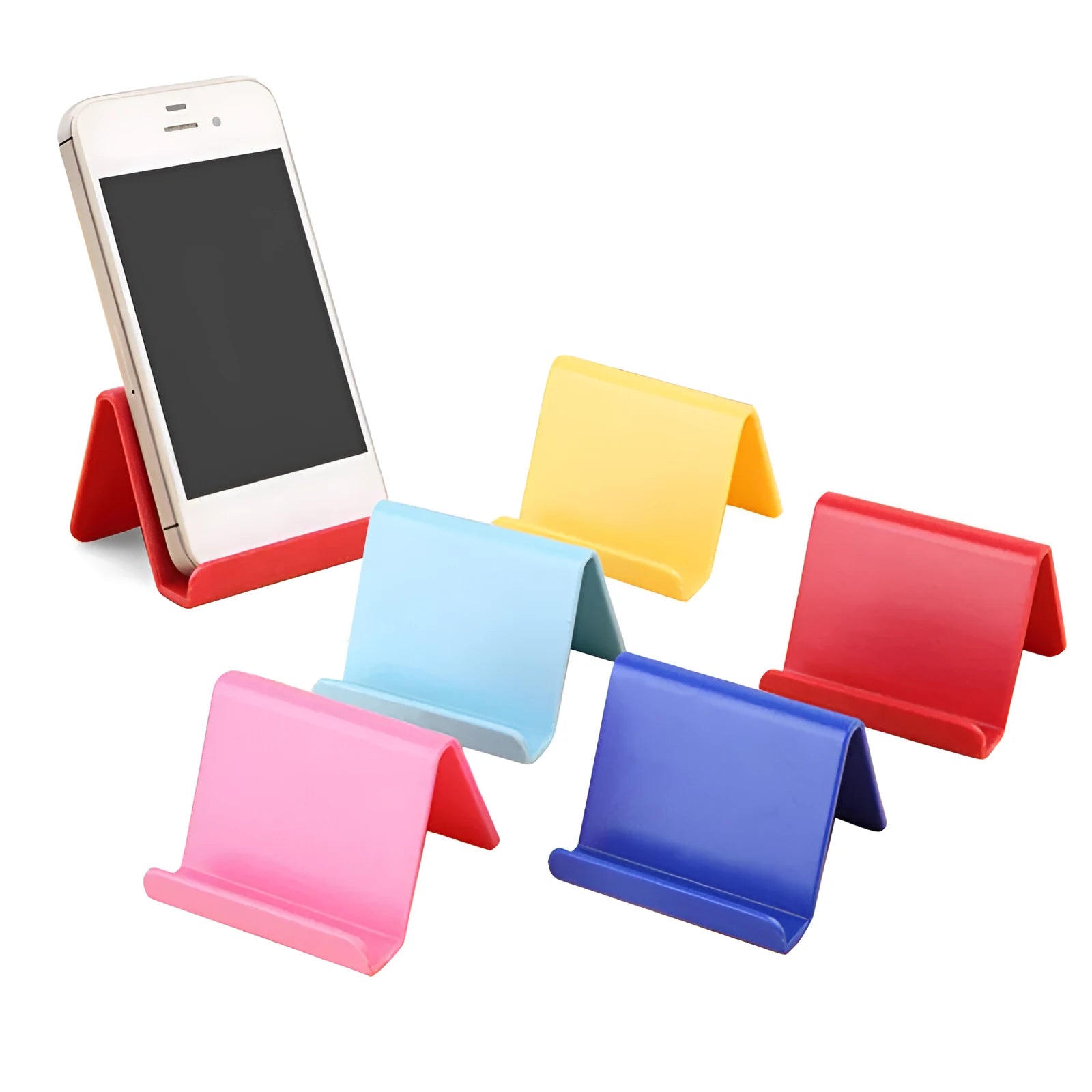 Plastic mobile phone stand in irregular shape on a desk, 6x4.5cm, in blue colour