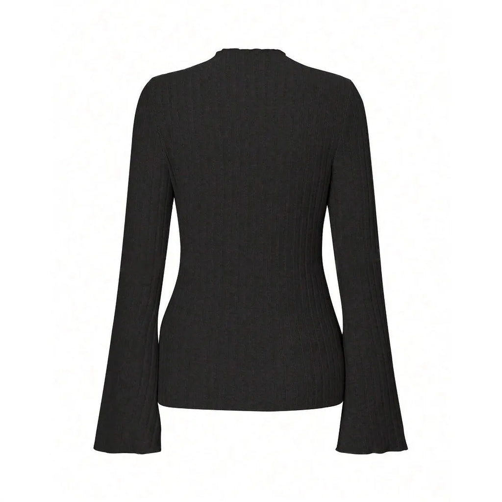 A black long sleeve round neck top with lantern sleeves and a slim fit, showcasing a brushed polyester fabric.