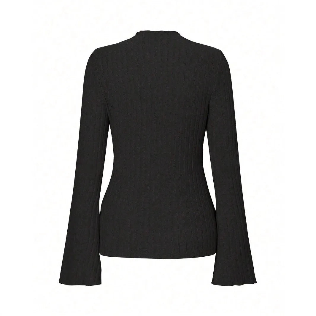 A black long sleeve round neck top with lantern sleeves and a slim fit, showcasing a brushed polyester fabric.
