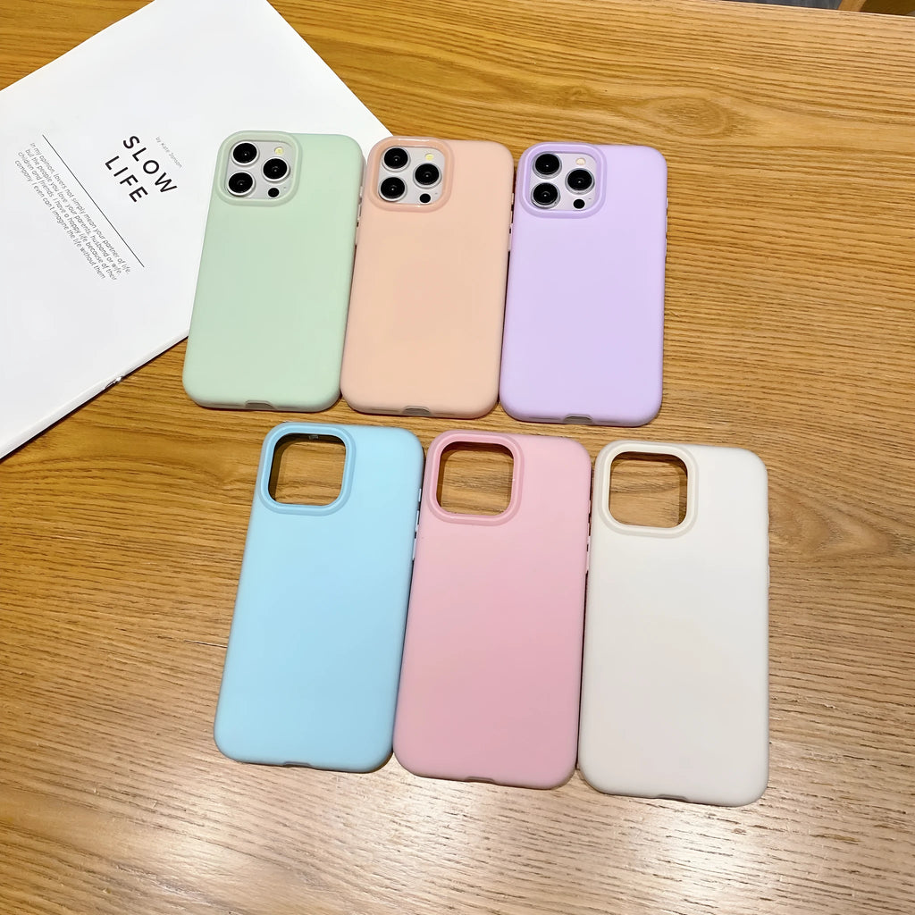 Liquid silicone dopamine phone case for Apple iPhone in blue, purple, and orange colour options