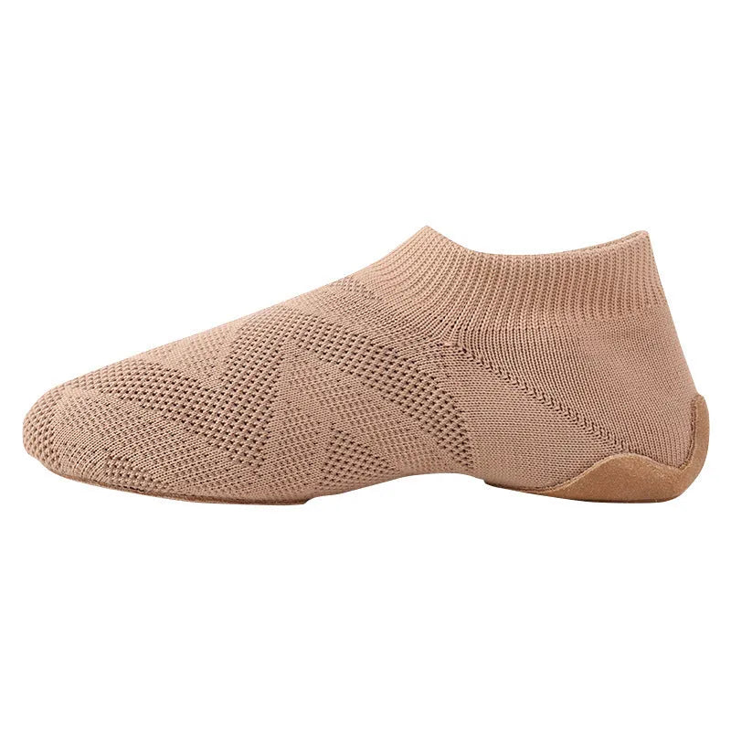 Camel colour Latin dance shoes with cotton mesh upper and leather sole for contemporary dance and yoga