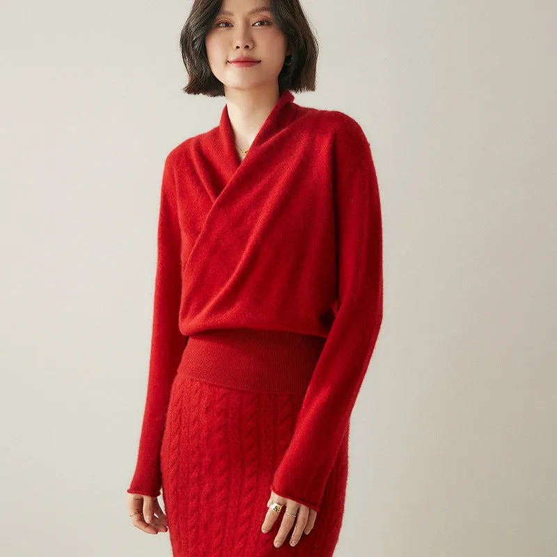 Women's V-neck cashmere sweater top in solid colour, long sleeves, straight tube silhouette, size M