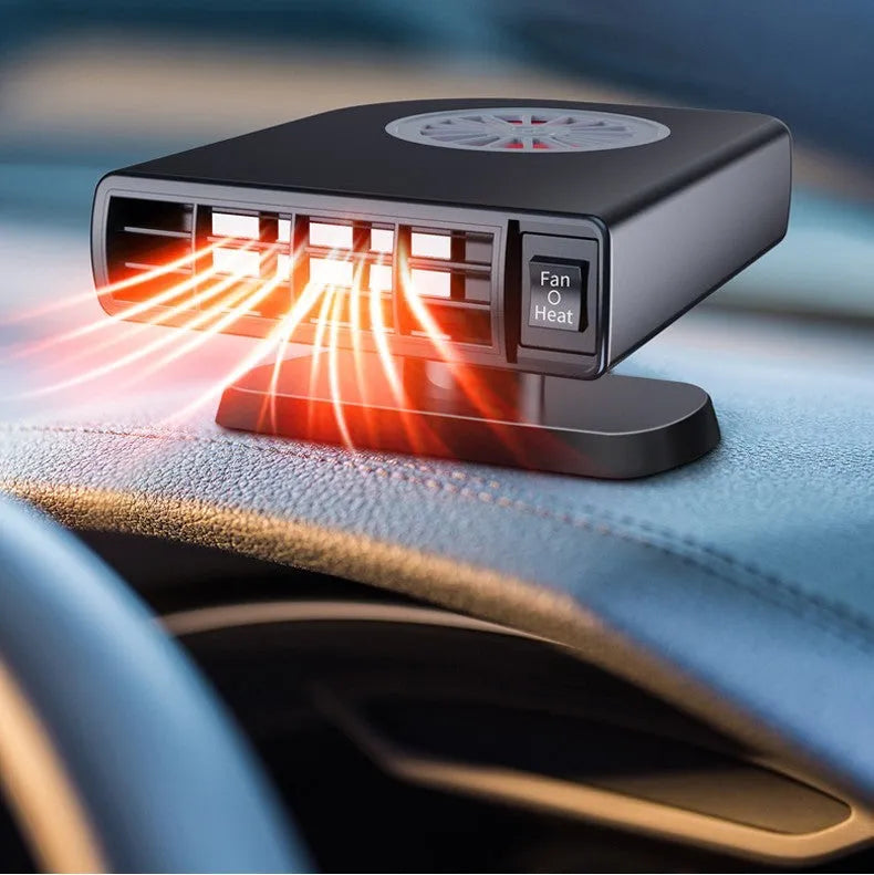 Compact black ABS plastic vehicle-mounted heater with adjustable vents on a car dashboard.