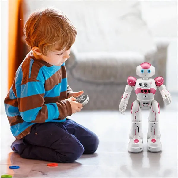Blue remote control smart robot toy with gesture sensing and dance functions on a white background
