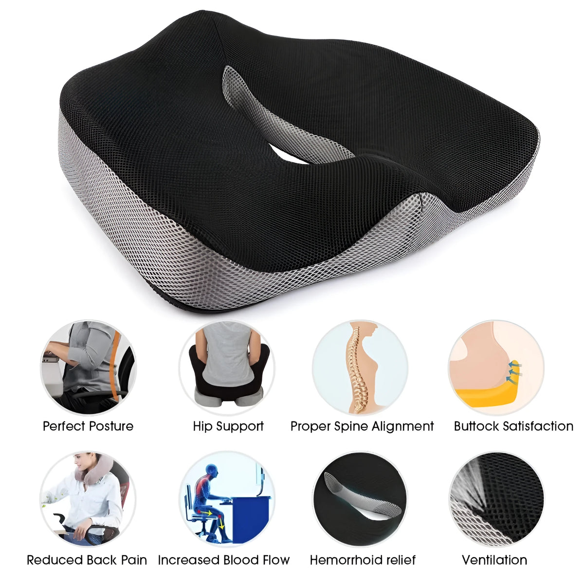 Black and grey coccyx orthopedic memory foam cushion with breathable mesh cover, 45x38x13cm