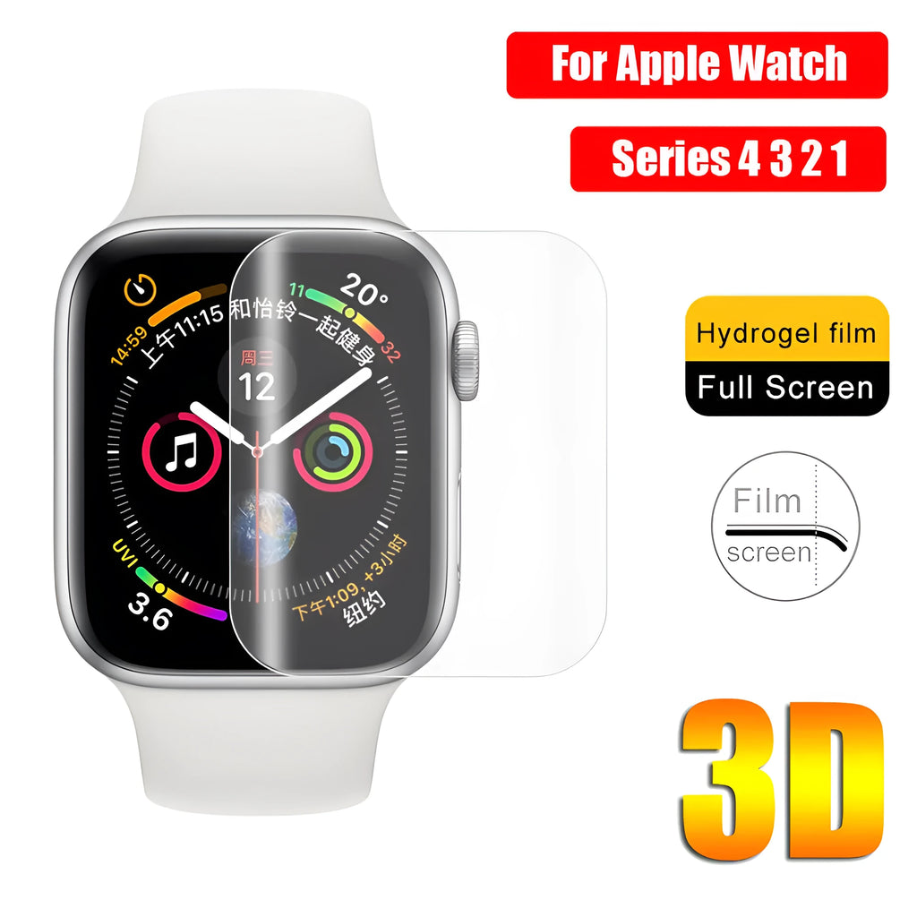 Full coverage hydrogel screen protector for Apple Watch on a watch face.