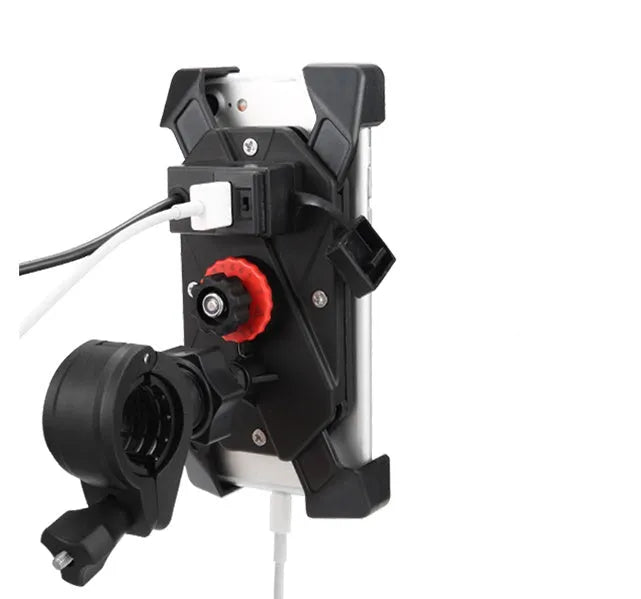 Black ABS motorcycle phone holder with USB port mounted on a handlebar, showing phone clamp and charging cable.