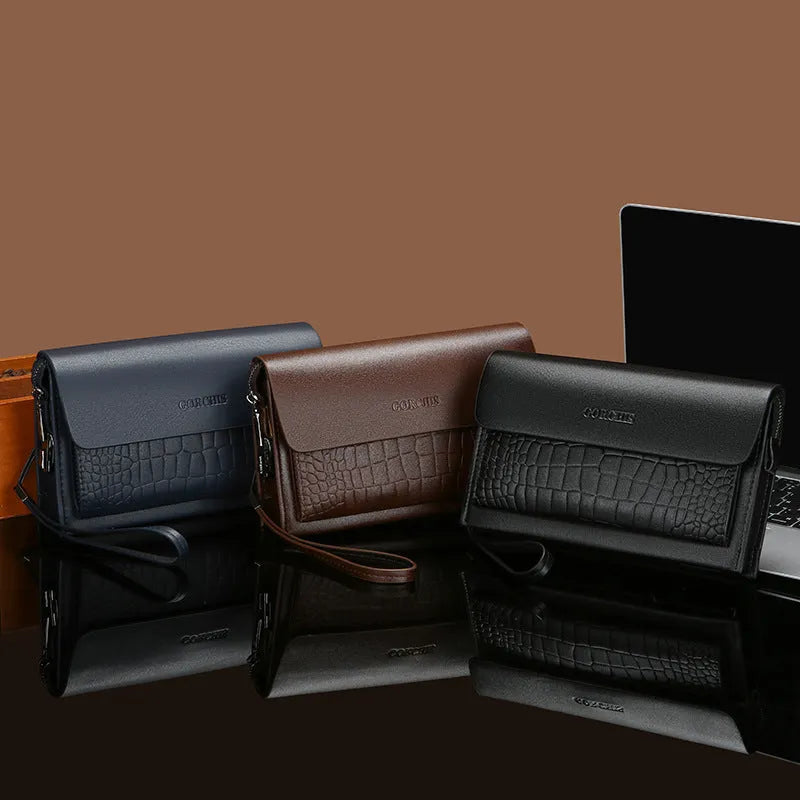 Men's PU clutch with plaid pattern and multiple card slots in black, blue, brown colours