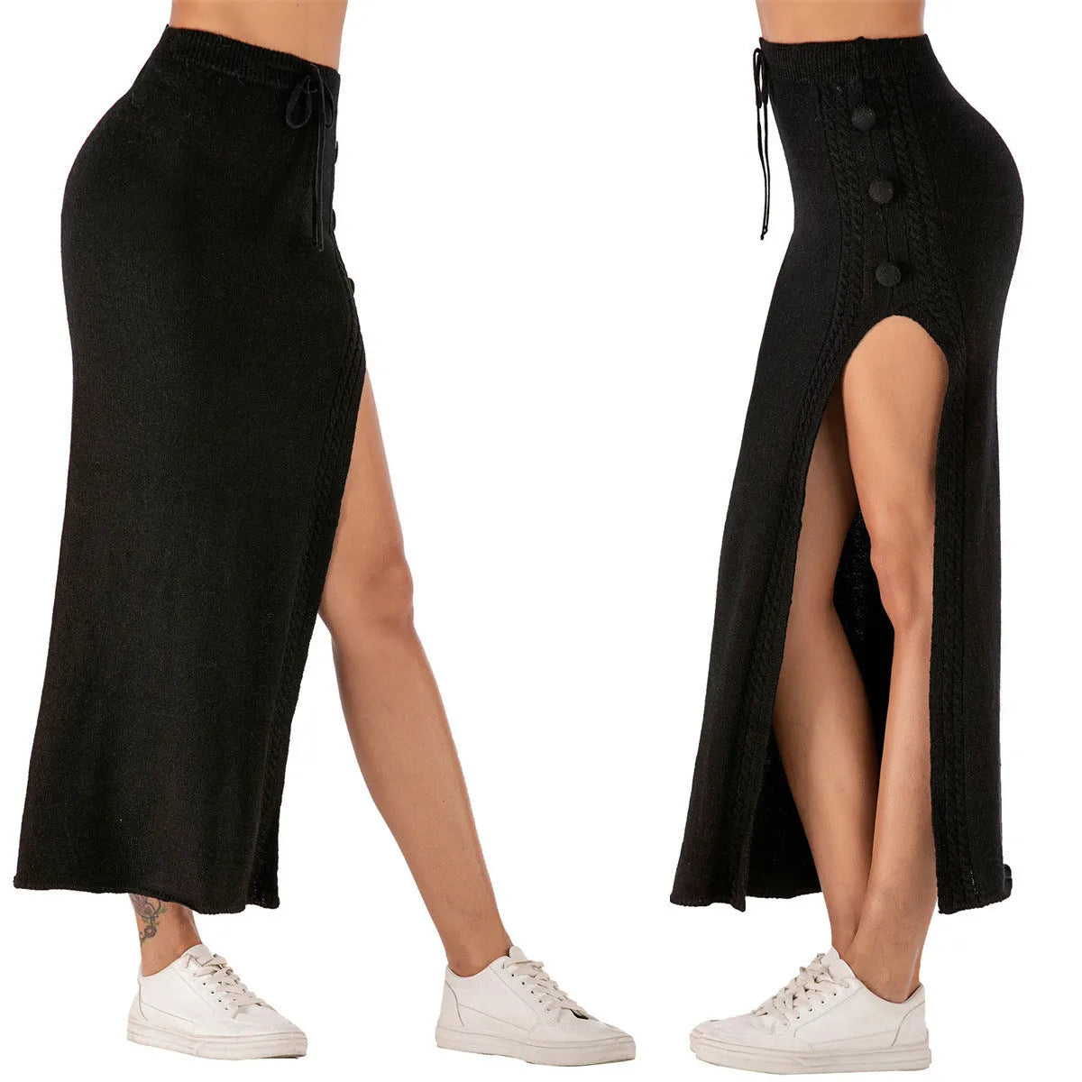 Black slim-fit mid-length acrylic skirt with side split and strap detailing on a mannequin