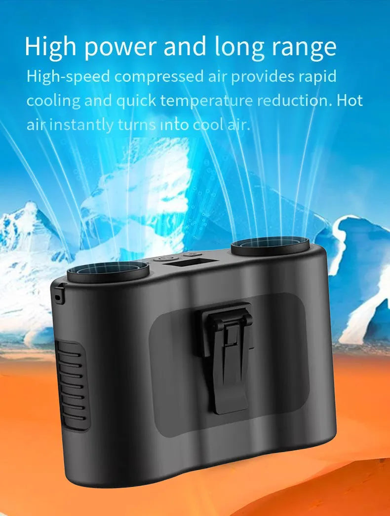 Black waist-hung personal fan with neck lanyard and waist buckle, showing turbine blades and top control button.