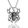 Titanium steel spider punk pendant with polished finish, unisex design, shown with optional square pearl chain