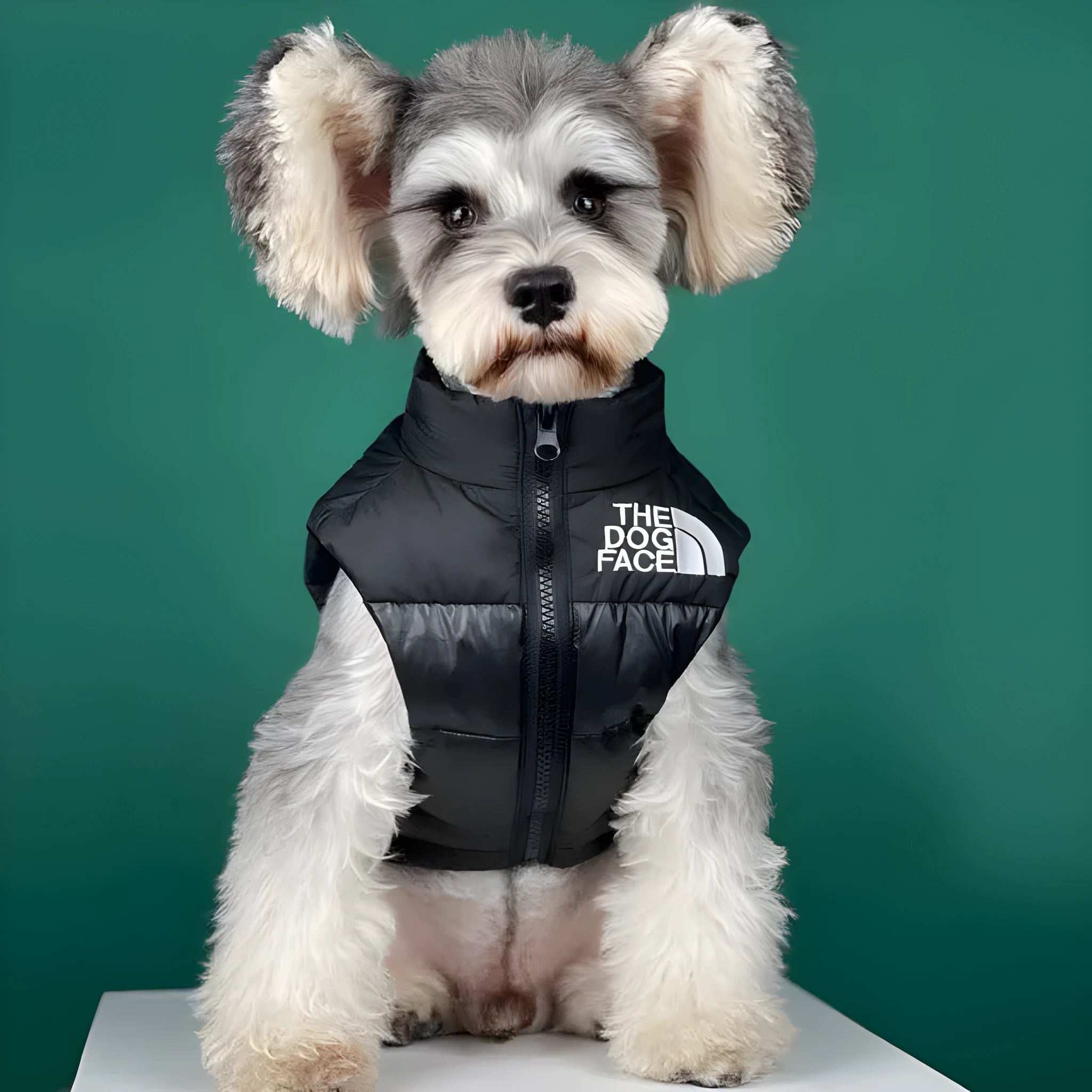 Thick warm down vest for small breed dogs in black, front view, with size S to XXL options