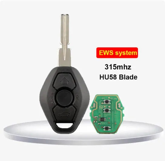 BMW EWS 3 remote replacement key with three buttons, ID44 chip, and HU58 blade cut