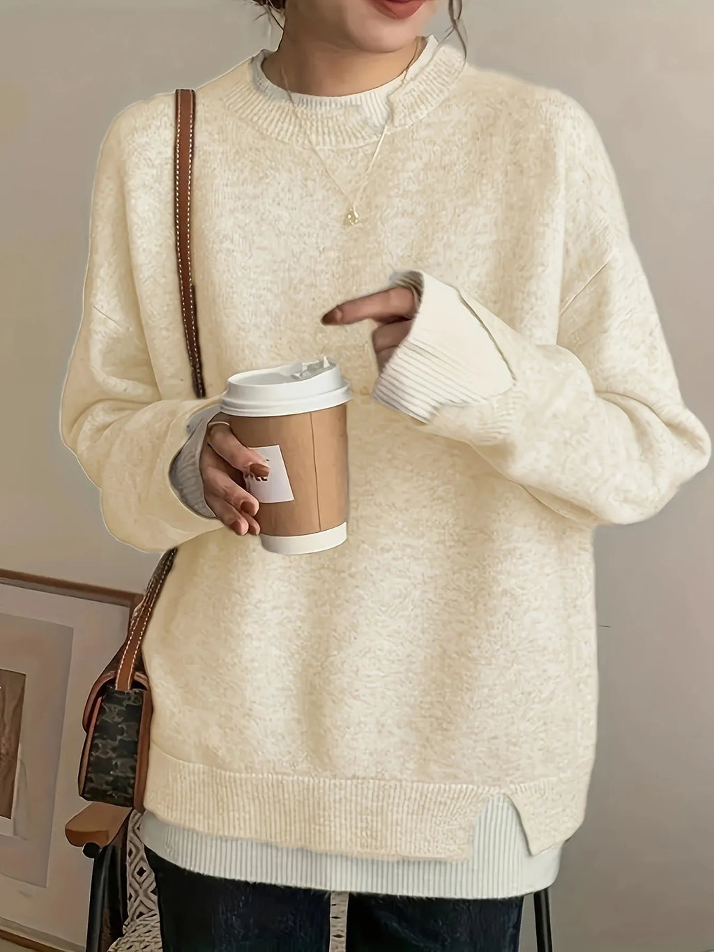 Women's grey round neck sweater made from chenille and spandex fabric