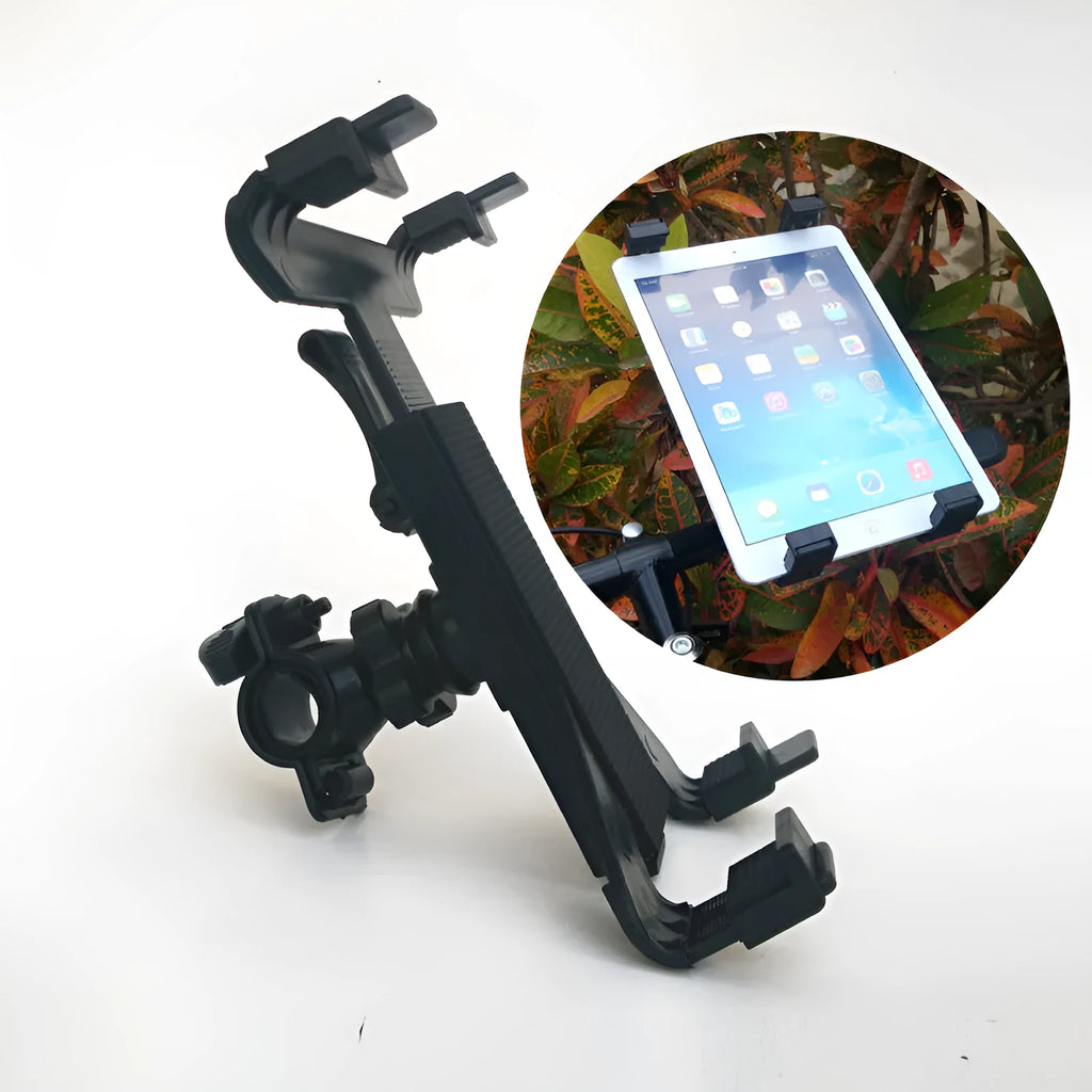 Black bicycle tablet computer stand with adjustable clamp holding an iPad, three-sided sponge padding visible