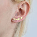 Custom English letter name earrings in rose golden finish on a plain background