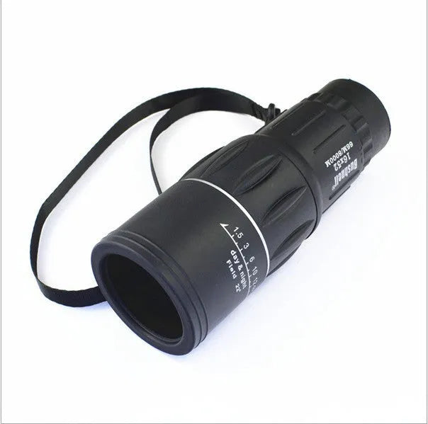 Black 16x52 high-power monocular with enhanced green film HD optics for day and night use.