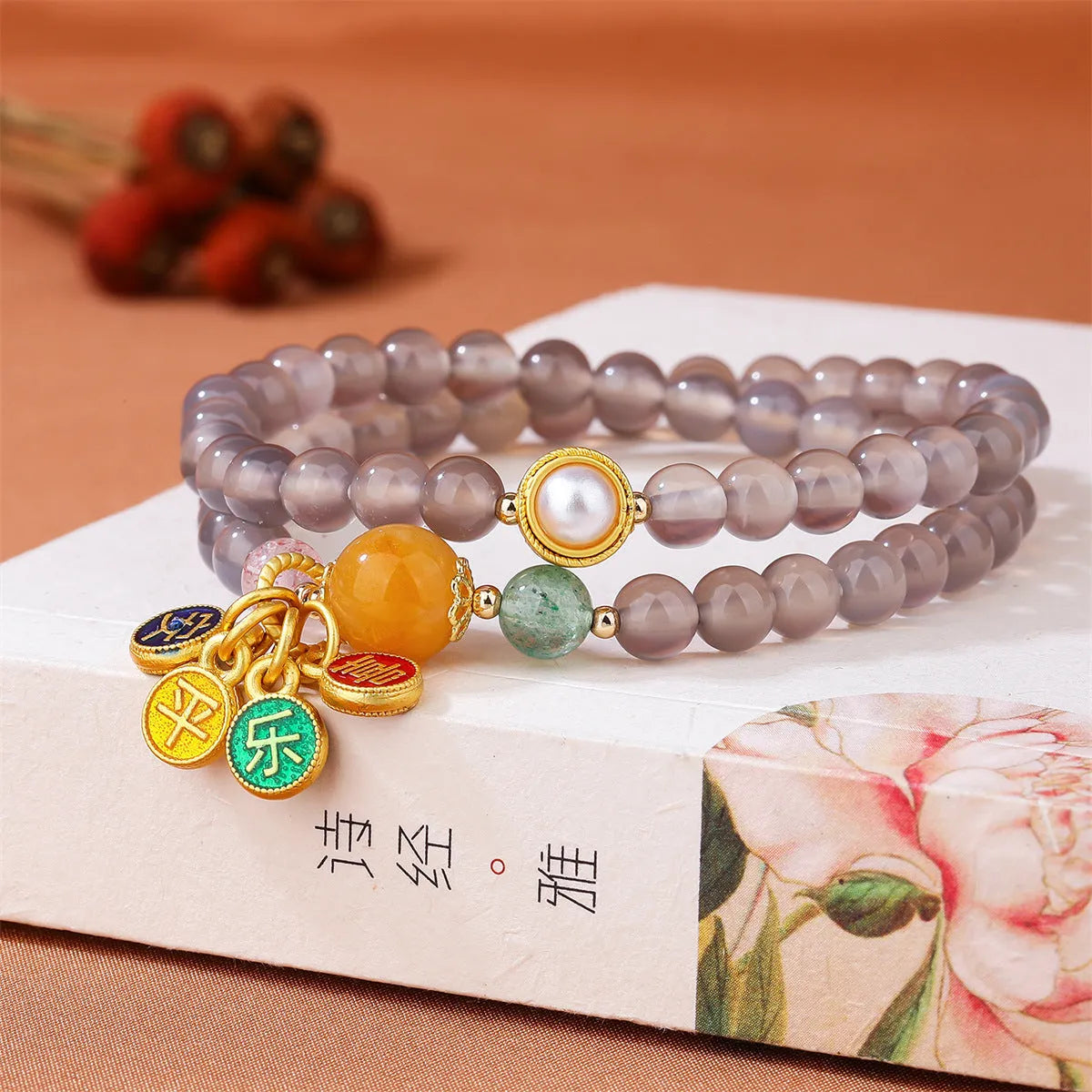 Natural gray agate bracelet with two-circle retro design, handmade DIY, women's accessory