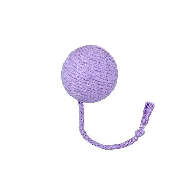 Cat toy ball with rope attached in green, pink, purple or yellow colour with internal bell