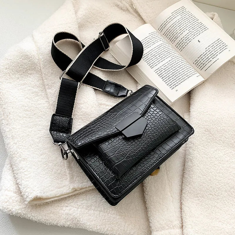 PU crossbody bag in four colours showing 20cm width and 14cm height