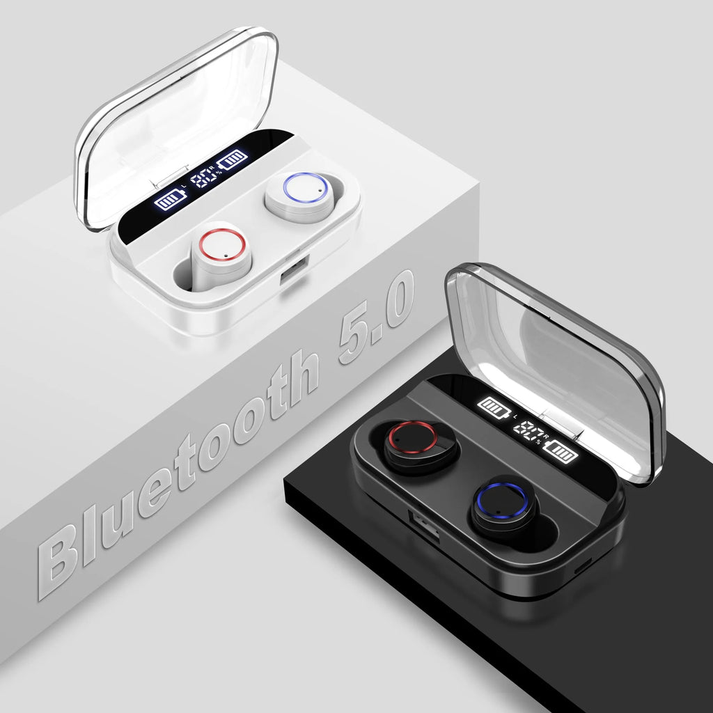 Black X11 wireless Bluetooth earbuds and their portable charging case on a white background.
