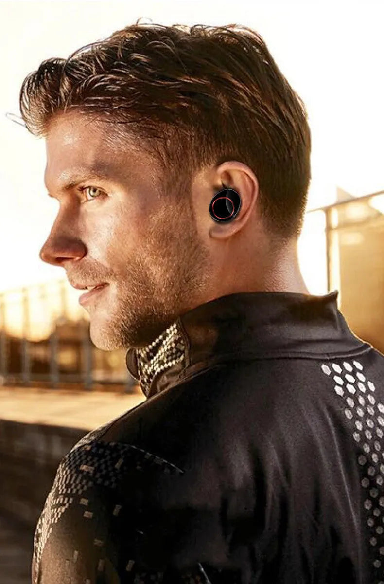 Black X11 wireless Bluetooth earbuds and their portable charging case on a white background.