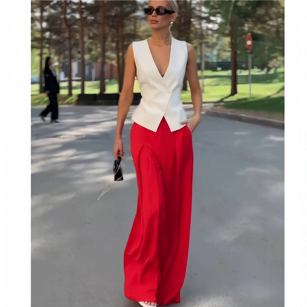Women's deep V-neck sleeveless top and high waist wide leg pants two-piece set in beige polyester