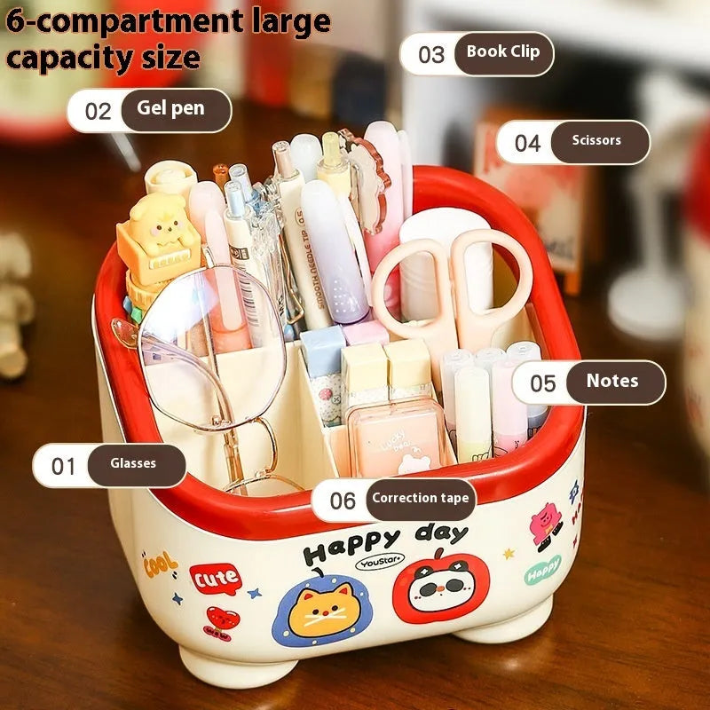 Dopamine cartoon style plastic desktop organiser with multiple storage boxes in red and brown colours