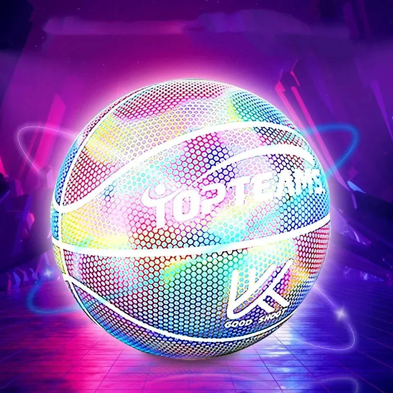Holographic reflective size 7 PU basketball in White Moonlight colour on court