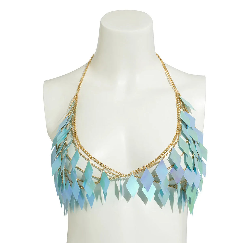 Women's geometric plastic body chain set with electroplated shine in orange and blue colour options