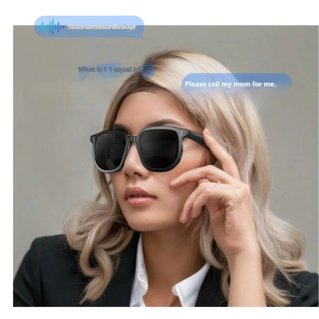 Black AI smart glasses with Bluetooth audio and sunglasses lenses for wireless calls.