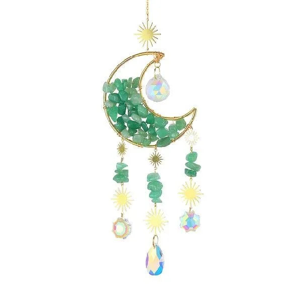 K9 crystal moon car pendant hanging on a metal chain, shown in a blue colour option.
