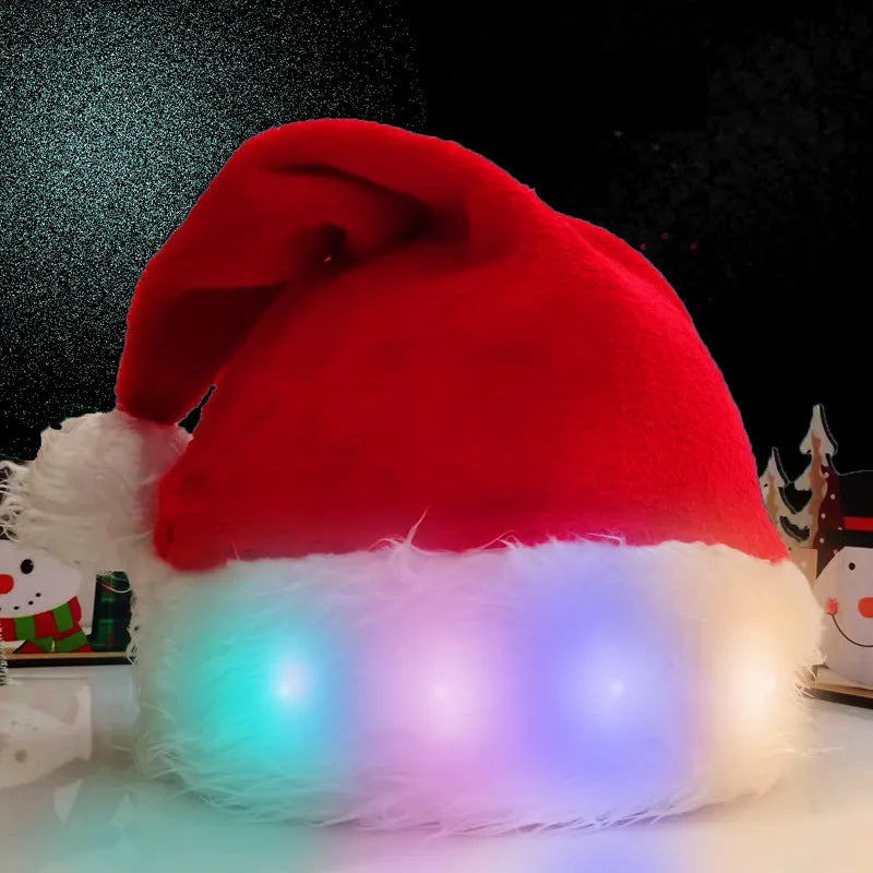 Red and white plush Santa hat with multicoloured LED lights illuminated around the brim