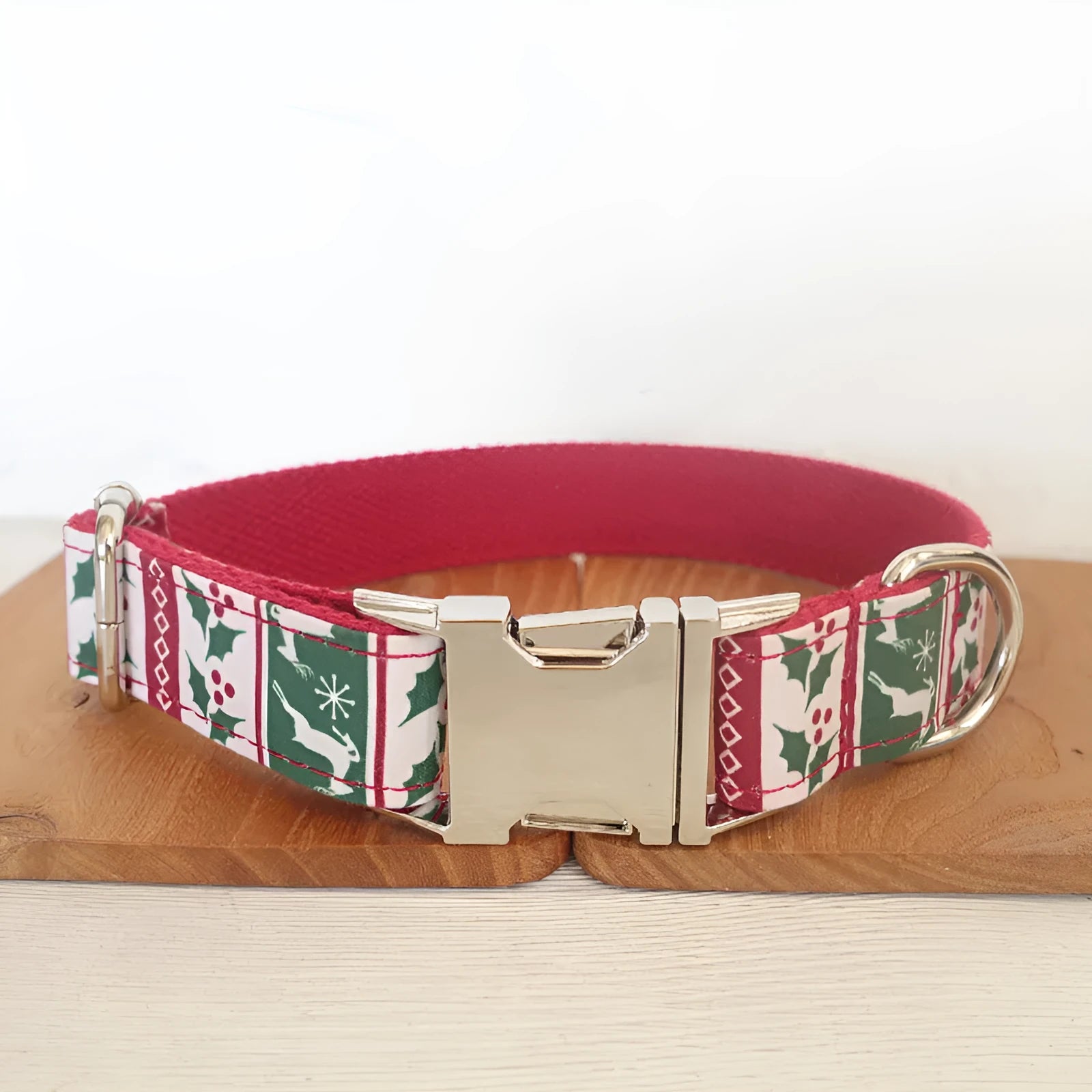 Dog thicken soft polyester collar set in light gold with Christmas deer design on a rope, available in sizes XS to XL