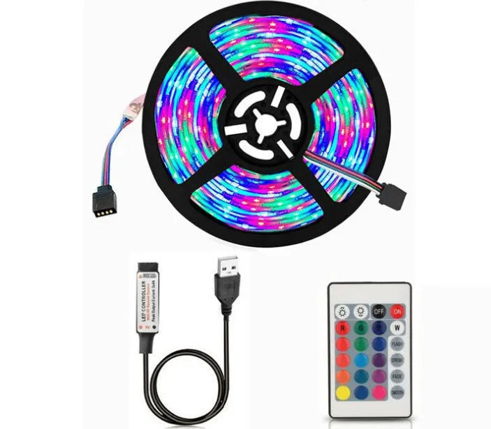 USB LED light strip with SMD5050 LEDs showing white illumination along 1 metre flexible strip with USB cable