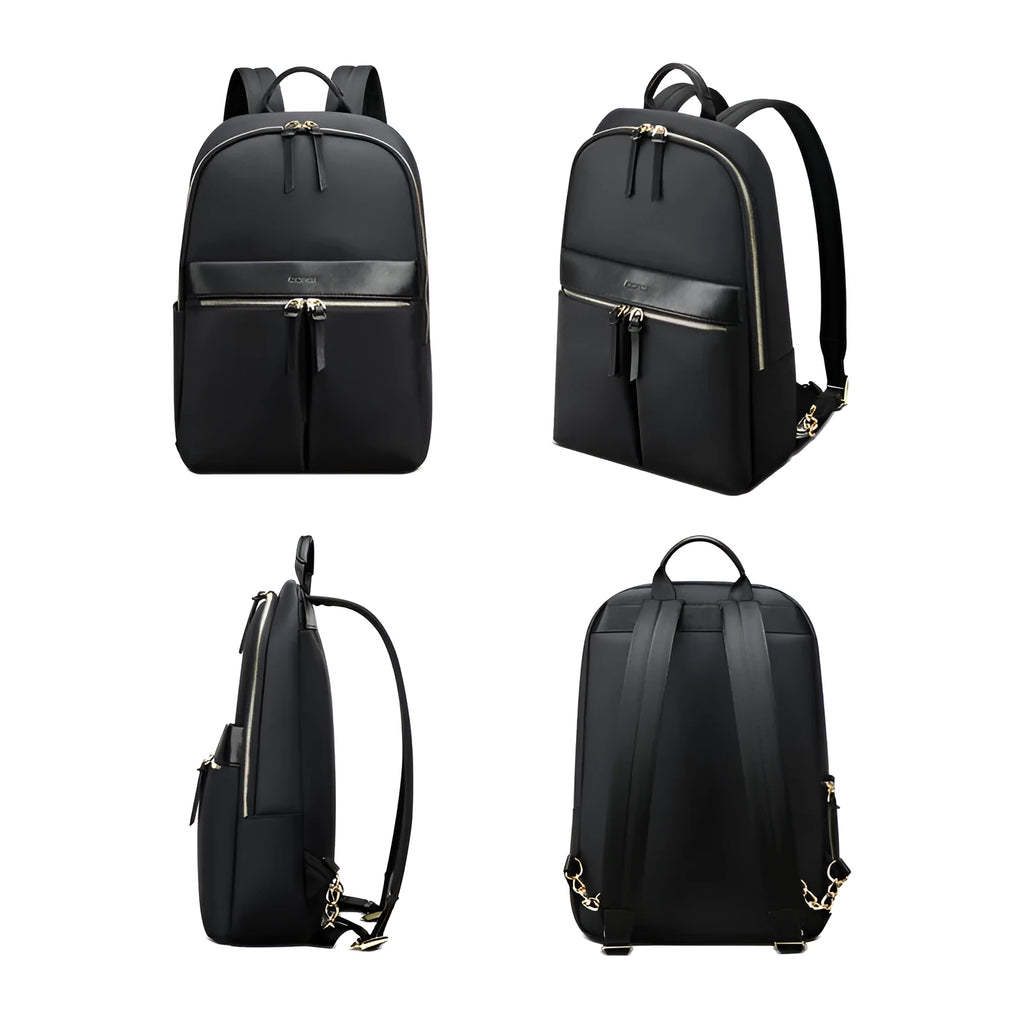 Women's black nylon backpack with zipper opening, internal computer sleeve, and phone pocket